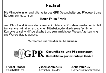 Traueranzeige von Falko Frank von Rüsselsheimer Echo, Groß-Gerauer-Echo, Ried Echo
