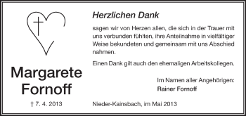 Traueranzeige von Margarete Fornoff von Odenwälder Echo