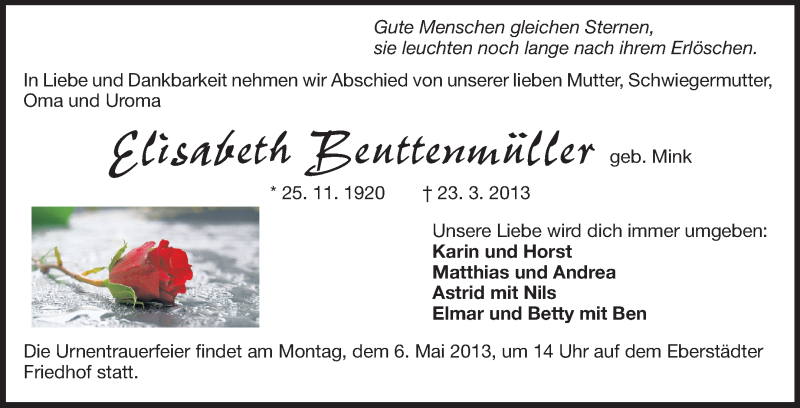  Traueranzeige für Elisabeth Beuttenmüller vom 04.05.2013 aus Echo-Zeitungen (Gesamtausgabe)