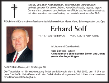 Traueranzeige von Erhard Solf von Rüsselsheimer Echo, Groß-Gerauer-Echo, Ried Echo