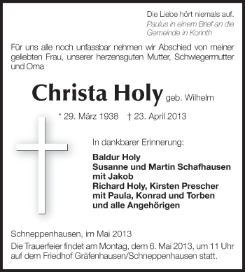 Traueranzeige von Christa Holy von Echo-Zeitungen (Gesamtausgabe)