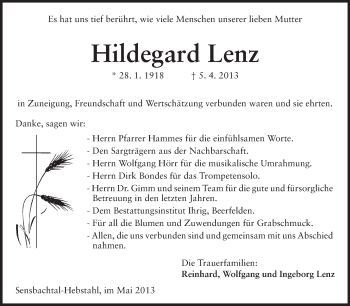 Traueranzeige von Hildegard Lenz von Odenwälder Echo