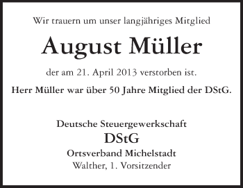 Traueranzeige von August Müller  von Odenwälder Echo