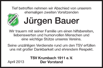Traueranzeige von Jürgen Bauer von Starkenburger Echo