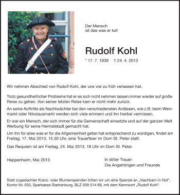 Traueranzeige von Rudolf Kohl von Starkenburger Echo