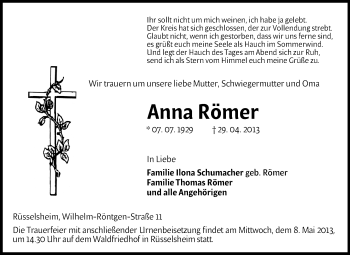Traueranzeige von Anna Römer von Rüsselsheimer Echo, Groß-Gerauer-Echo, Ried Echo