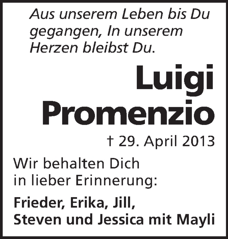  Traueranzeige für Luigi Promenzio vom 04.05.2013 aus Echo-Zeitungen (Gesamtausgabe)