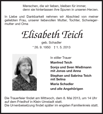 Traueranzeige von Elisabeth Teich von Echo-Zeitungen (Gesamtausgabe)