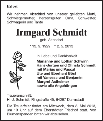 Traueranzeige von Irmgard Schmidt von Echo-Zeitungen (Gesamtausgabe)