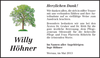Traueranzeige von Willy Höhner von Echo-Zeitungen (Gesamtausgabe)