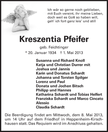 Traueranzeige von Kreszentia Pfeifer von Starkenburger Echo