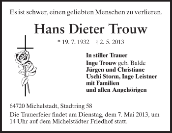 Traueranzeige von Hans Dieter Trouw von Echo-Zeitungen (Gesamtausgabe)