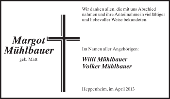 Traueranzeige von Margot Mühlbauer von Starkenburger Echo