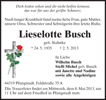 Traueranzeige von Lieselotte Busch von Echo-Zeitungen (Gesamtausgabe)