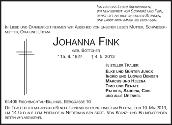 Traueranzeige von Johanna Fink von Echo-Zeitungen (Gesamtausgabe)