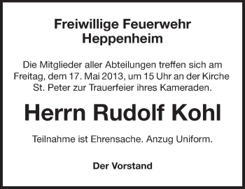 Traueranzeige von Rudolf Kohl von Starkenburger Echo
