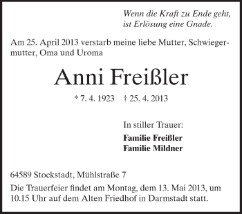 Traueranzeige von Anni Freißler von Echo-Zeitungen (Gesamtausgabe)