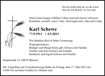 Traueranzeige von Karl Schewe von Echo-Zeitungen (Gesamtausgabe)