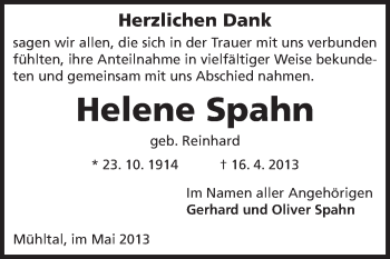 Traueranzeige von Helene Spahn von Darmstädter Echo, Odenwälder Echo, Rüsselsheimer Echo, Groß-Gerauer-Echo, Ried Echo