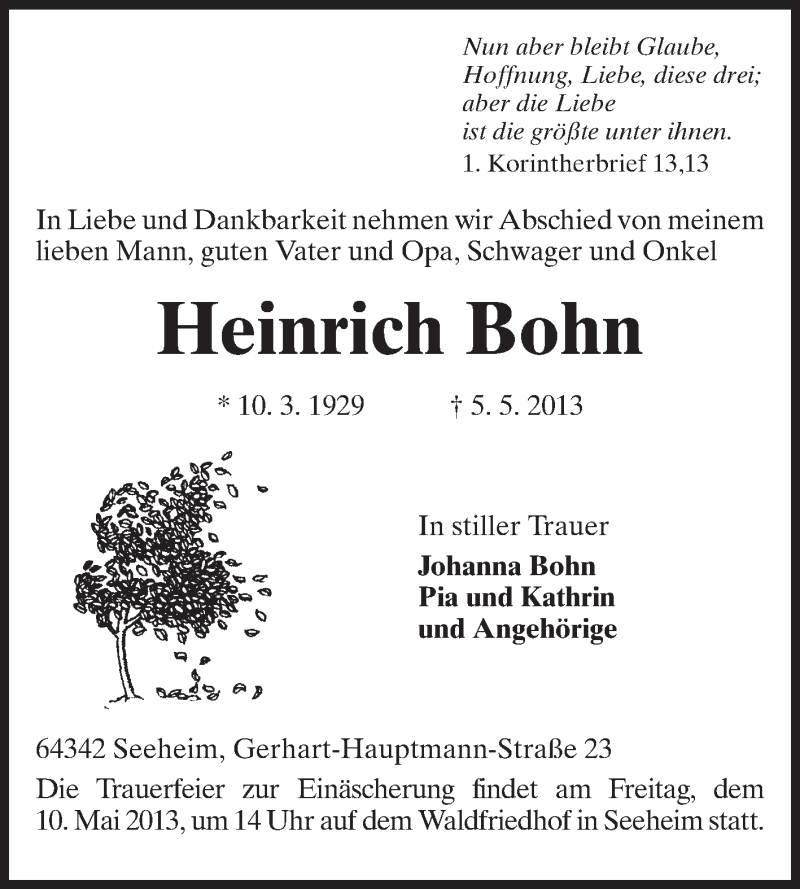 Traueranzeige für Heinrich Bohn vom 07.05.2013 aus Echo-Zeitungen (Gesamtausgabe)