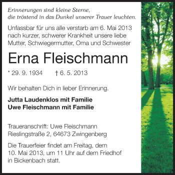 Traueranzeige von Erna Fleischmann von Echo-Zeitungen (Gesamtausgabe)