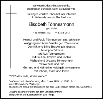 Traueranzeige von Elisabeth Tönnesmann von Odenwälder Echo