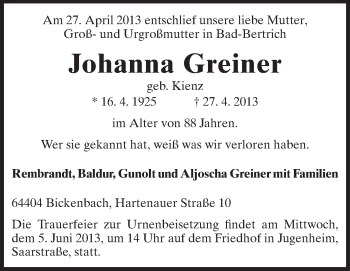Traueranzeige von Johanna Greiner von Echo-Zeitungen (Gesamtausgabe)