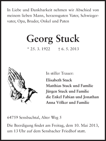 Traueranzeige von Georg Stuck von Odenwälder Echo