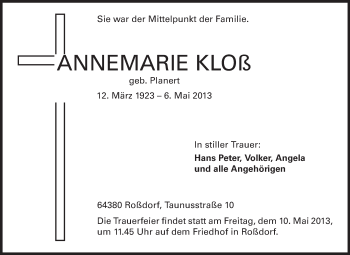 Traueranzeige von Annemarie Kloß von Echo-Zeitungen (Gesamtausgabe)