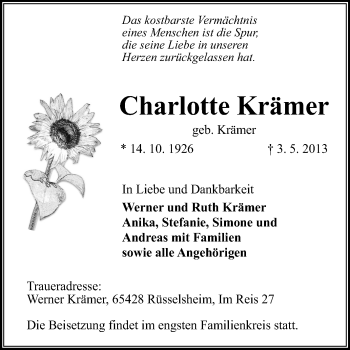 Traueranzeige von Charlotte Krämer von Rüsselsheimer Echo, Groß-Gerauer-Echo, Ried Echo