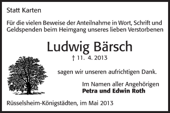 Traueranzeige von Ludwig Bärsch von Rüsselsheimer Echo, Groß-Gerauer-Echo, Ried Echo