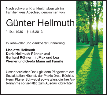 Traueranzeige von Günter Hellmuth von Echo-Zeitungen (Gesamtausgabe)