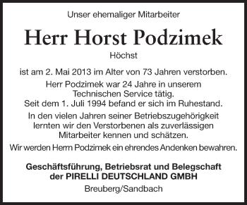 Traueranzeige von Horst Podzimek von Odenwälder Echo