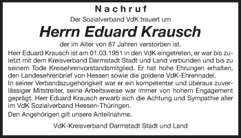 Traueranzeige von Eduard Krausch von Darmstädter Echo, Odenwälder Echo, Rüsselsheimer Echo, Groß-Gerauer-Echo, Ried Echo