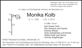Traueranzeige von Monika Kolb von Rüsselsheimer Echo, Groß-Gerauer-Echo, Ried Echo
