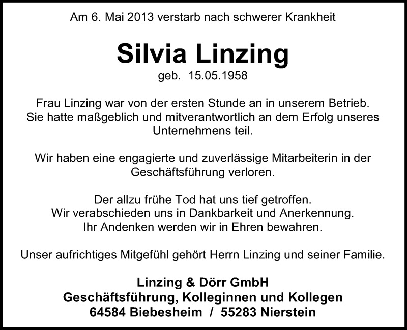  Traueranzeige für Silvia Linzing vom 11.05.2013 aus Echo-Zeitungen (Gesamtausgabe)
