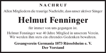 Traueranzeige von Helmut Fenninger von Rüsselsheimer Echo, Groß-Gerauer-Echo, Ried Echo