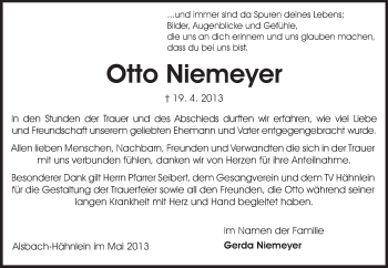Traueranzeige von Otto Niemeyer von Echo-Zeitungen (Gesamtausgabe)