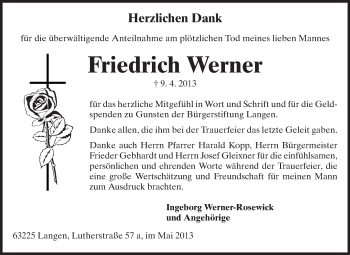 Traueranzeige von Friedrich Werner von Echo-Zeitungen (Gesamtausgabe)