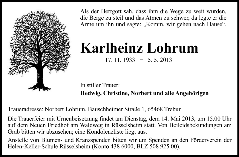  Traueranzeige für Karlheinz Lohrum vom 11.05.2013 aus Rüsselsheimer Echo, Groß-Gerauer-Echo, Ried Echo