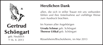 Traueranzeige von Gertrud Schöngart von Rüsselsheimer Echo, Groß-Gerauer-Echo, Ried Echo