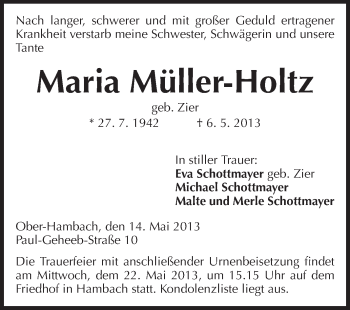 Traueranzeige von Maria Müller-Holtz von Starkenburger Echo