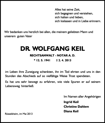 Traueranzeige von Wolfgang Keil von Rüsselsheimer Echo, Groß-Gerauer-Echo, Ried Echo