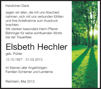 Traueranzeige von Elsbeth Hechler von Echo-Zeitungen (Gesamtausgabe)