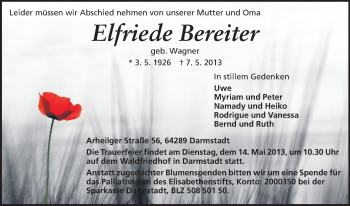 Traueranzeige von Elfriede Bereiter von Echo-Zeitungen (Gesamtausgabe)