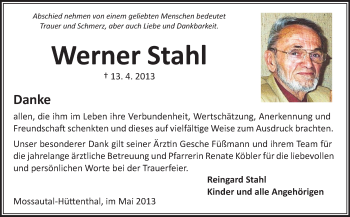 Traueranzeige von Werner Stahl von Odenwälder Echo