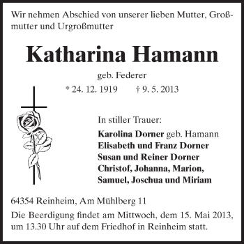 Traueranzeige von Katharina Hamann von Darmstädter Echo, Odenwälder Echo, Rüsselsheimer Echo, Groß-Gerauer-Echo, Ried Echo