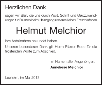 Traueranzeige von Helmut Melchior von Rüsselsheimer Echo, Groß-Gerauer-Echo, Ried Echo