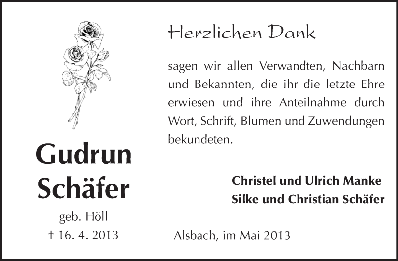  Traueranzeige für Gudrun Schäfer vom 11.05.2013 aus Echo-Zeitungen (Gesamtausgabe)