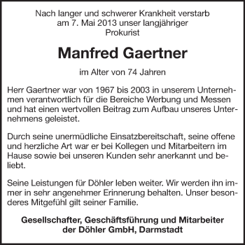 Traueranzeige von Manfred Gaertner von Darmstädter Echo, Odenwälder Echo, Rüsselsheimer Echo, Groß-Gerauer-Echo, Ried Echo